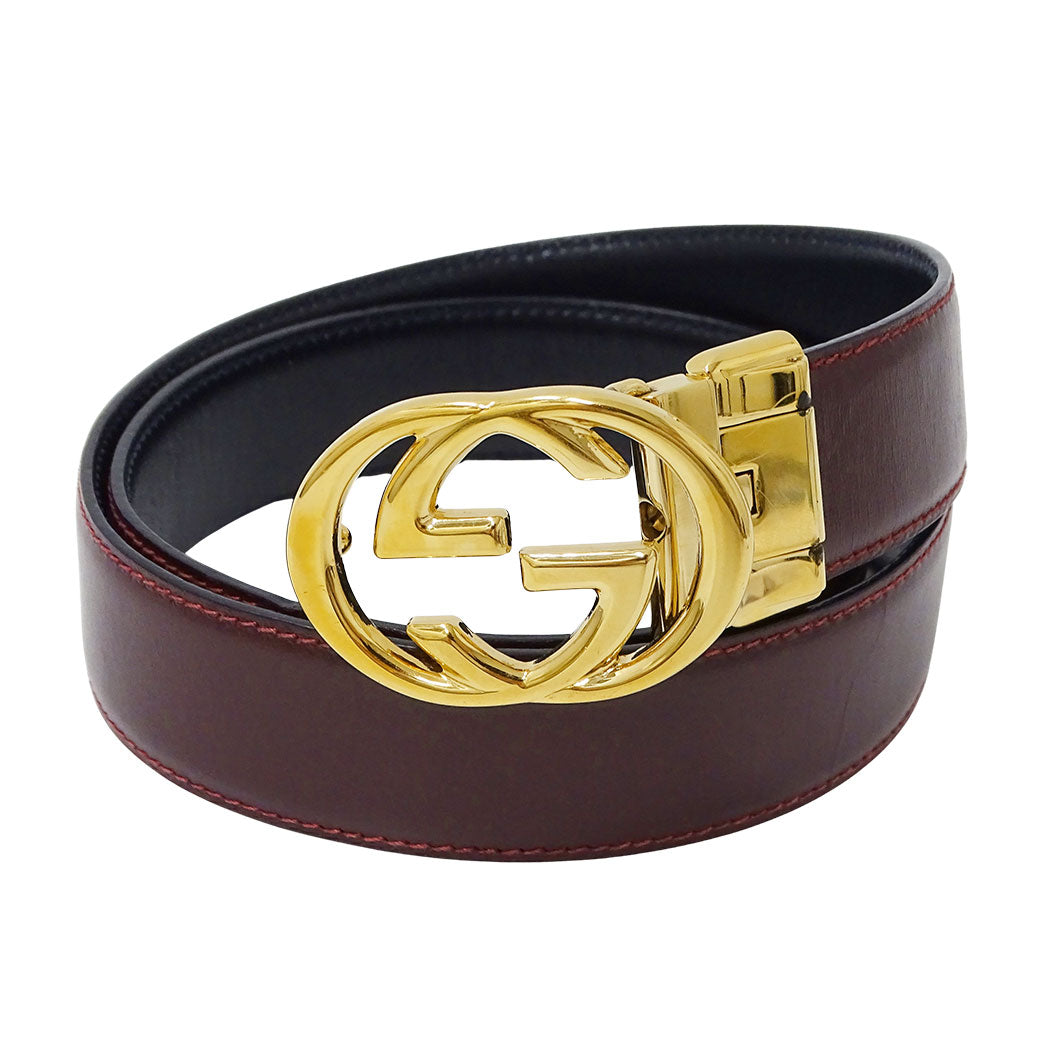 GUCCI グッチ ベルト ボルドー ブラック レザー レディース 【中古】