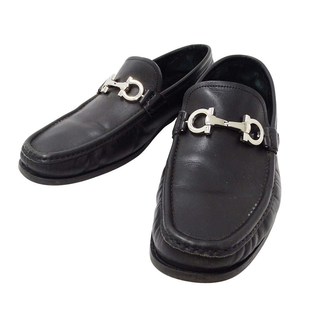 Ferragamo フェラガモ ローファー ダブルガンチーニ ブラック レザー メンズ 【中古】