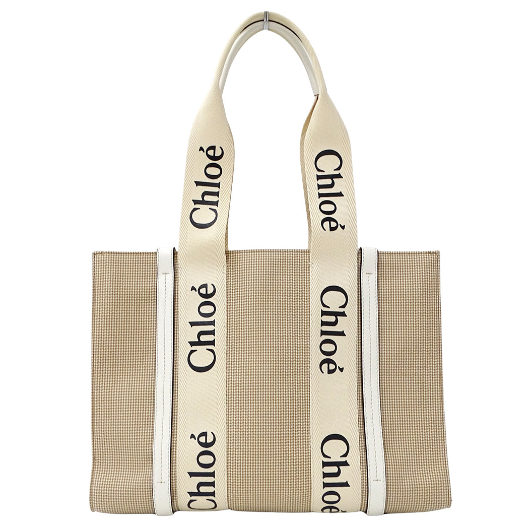 Chloe クロエ ウッディ ミディアム トートバッグ ベージュ カーキ キャンバス レディース 【中古】