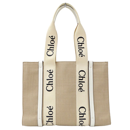 Chloe クロエ ウッディ ミディアム トートバッグ ベージュ カーキ キャンバス レディース 【中古】