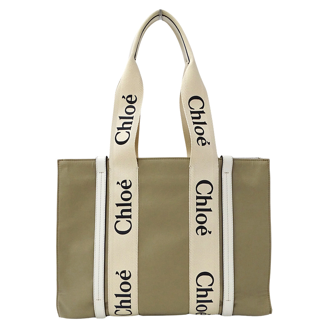 Chloe クロエ ウッディ ミディアム トートバッグ ベージュ カーキ キャンバス レディース 【中古】