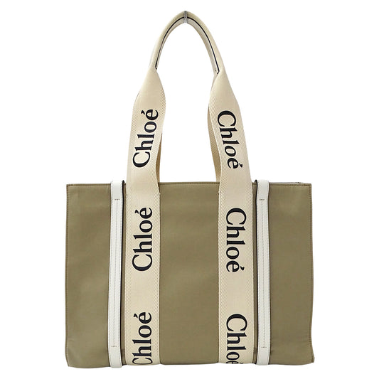 Chloe クロエ ウッディ ミディアム トートバッグ ベージュ カーキ キャンバス レディース 【中古】