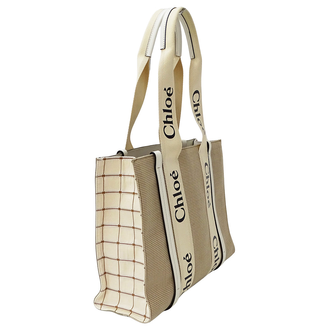 Chloe クロエ ウッディ ミディアム トートバッグ ベージュ カーキ キャンバス レディース 【中古】