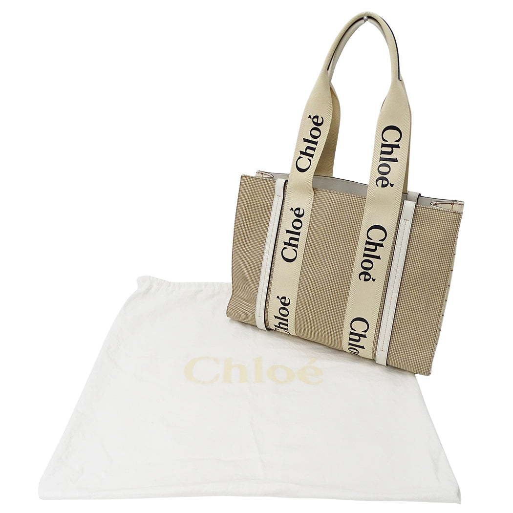 Chloe クロエ ウッディ ミディアム トートバッグ ベージュ カーキ キャンバス レディース 【中古】