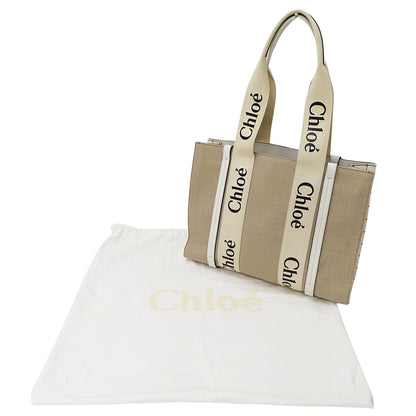 Chloe クロエ ウッディ ミディアム トートバッグ ベージュ カーキ キャンバス レディース 【中古】