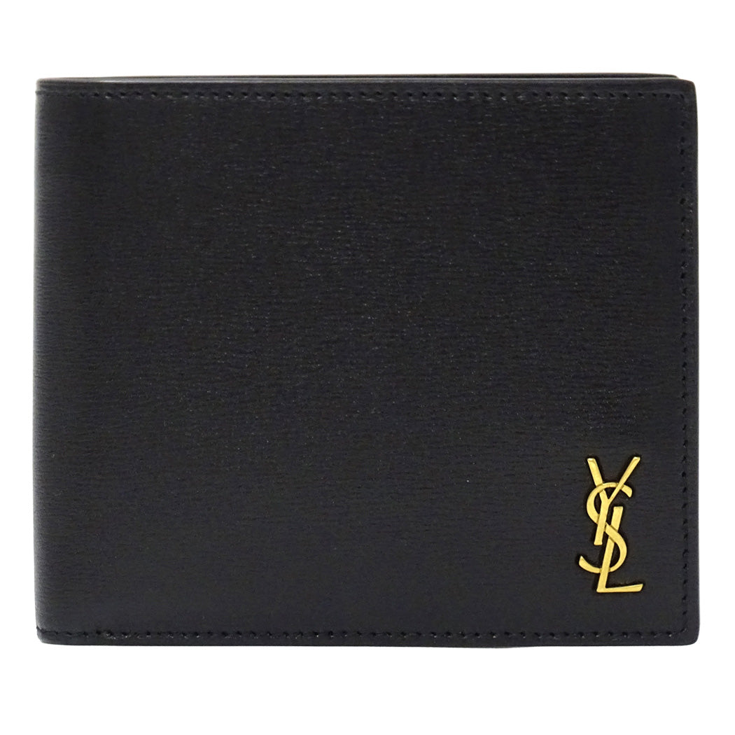 YVES SAINT LAURENT イヴ・サンローラン タイニーカサンドラ 二つ折り財布 ブラック ゴールド金具 レザー レディース メンズ 【中古】