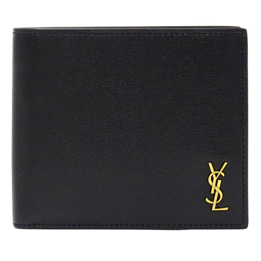 YVES SAINT LAURENT イヴ・サンローラン タイニーカサンドラ 二つ折り財布 ブラック ゴールド金具 レザー レディース メンズ 【中古】