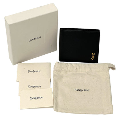 YVES SAINT LAURENT イヴ・サンローラン タイニーカサンドラ 二つ折り財布 ブラック ゴールド金具 レザー レディース メンズ 【中古】