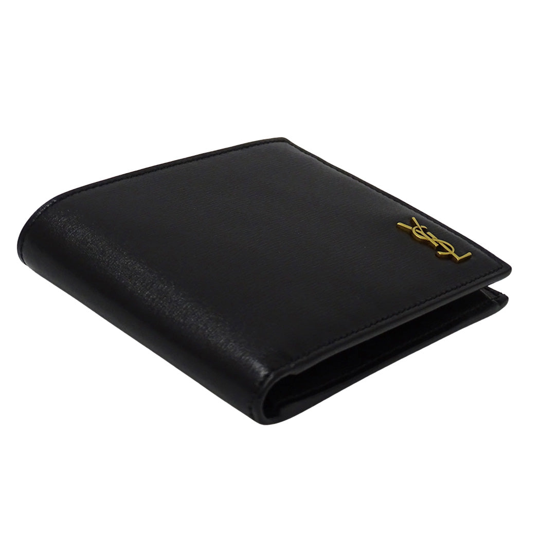YVES SAINT LAURENT イヴ・サンローラン タイニーカサンドラ 二つ折り財布 ブラック ゴールド金具 レザー レディース メンズ 【中古】