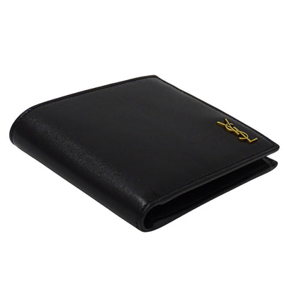 YVES SAINT LAURENT イヴ・サンローラン タイニーカサンドラ 二つ折り財布 ブラック ゴールド金具 レザー レディース メンズ 【中古】