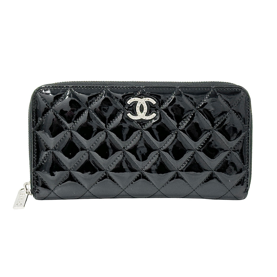 CHANEL シャネル 長財布 ブリリアント マトラッセ ブラック シルバー金具 エナメル レディース 【中古】