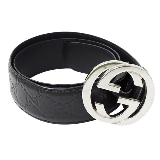 GUCCI グッチ ベルト インターロッキングG シマ ブラック 411924 レザー メンズ 【中古】