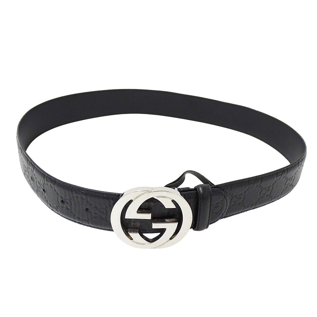 GUCCI グッチ ベルト インターロッキングG シマ ブラック 411924 レザー メンズ 【中古】