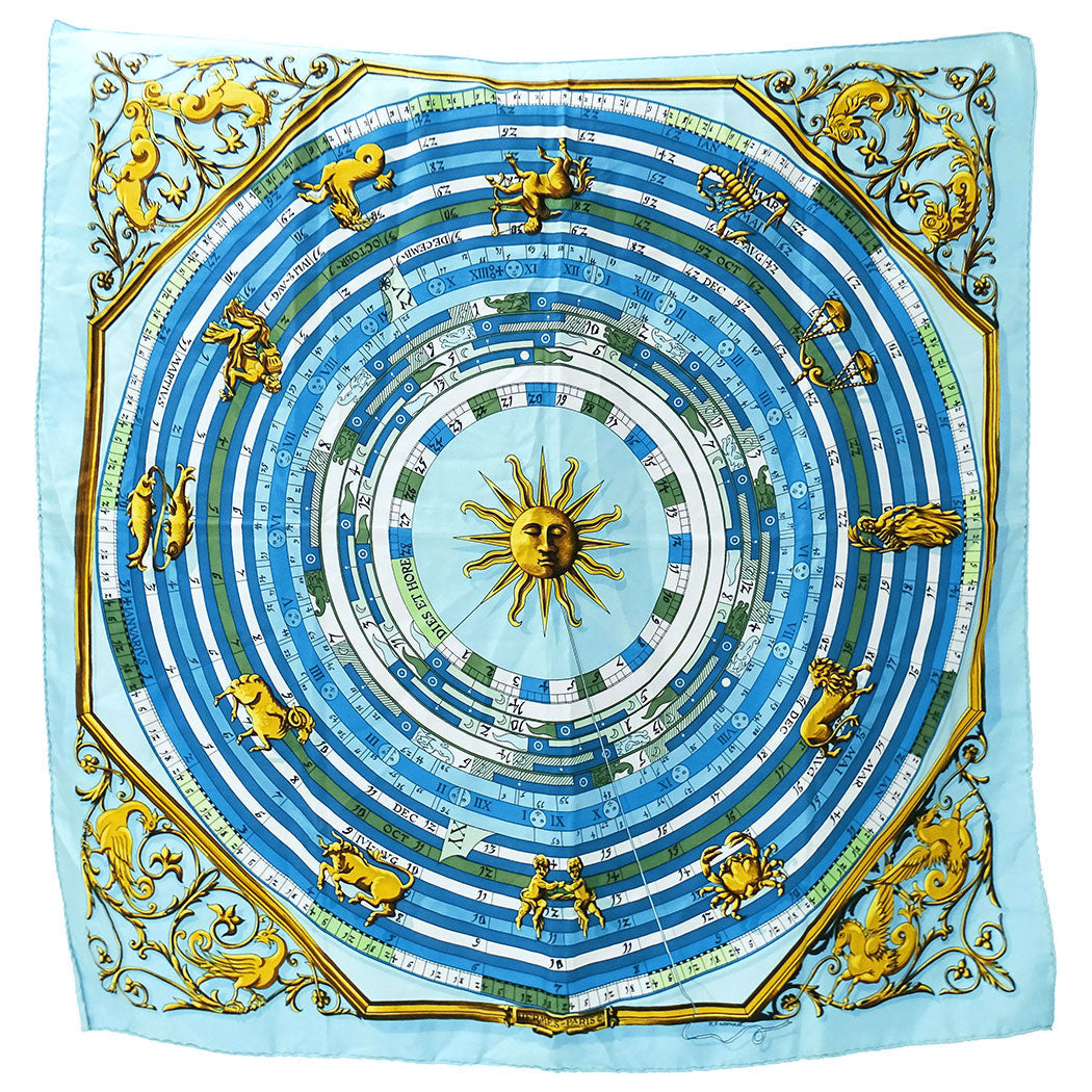 HERMES エルメス カレ90 DIES ET HORE 占星術 スカーフ ブルー シルク レディース 【中古】