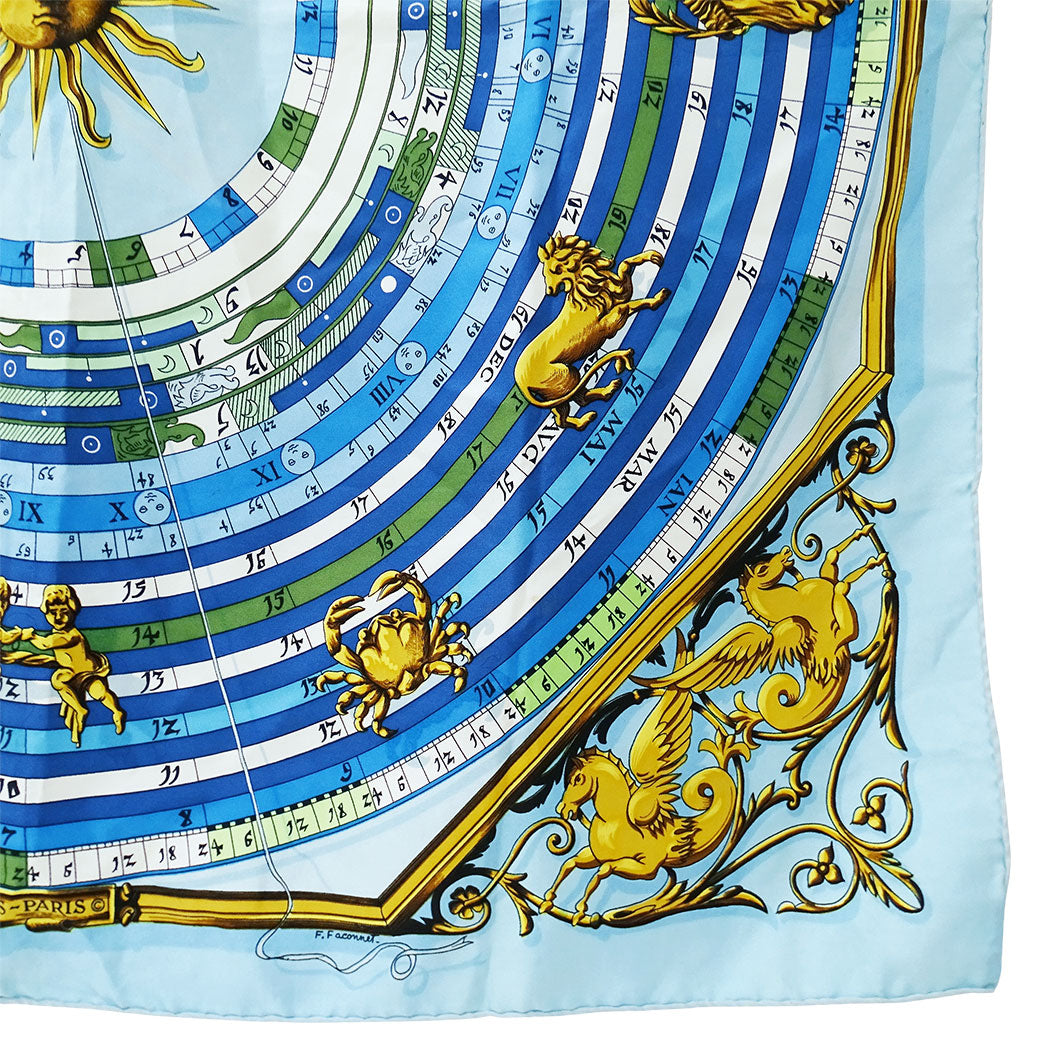 HERMES エルメス カレ90 DIES ET HORE 占星術 スカーフ ブルー シルク レディース 【中古】