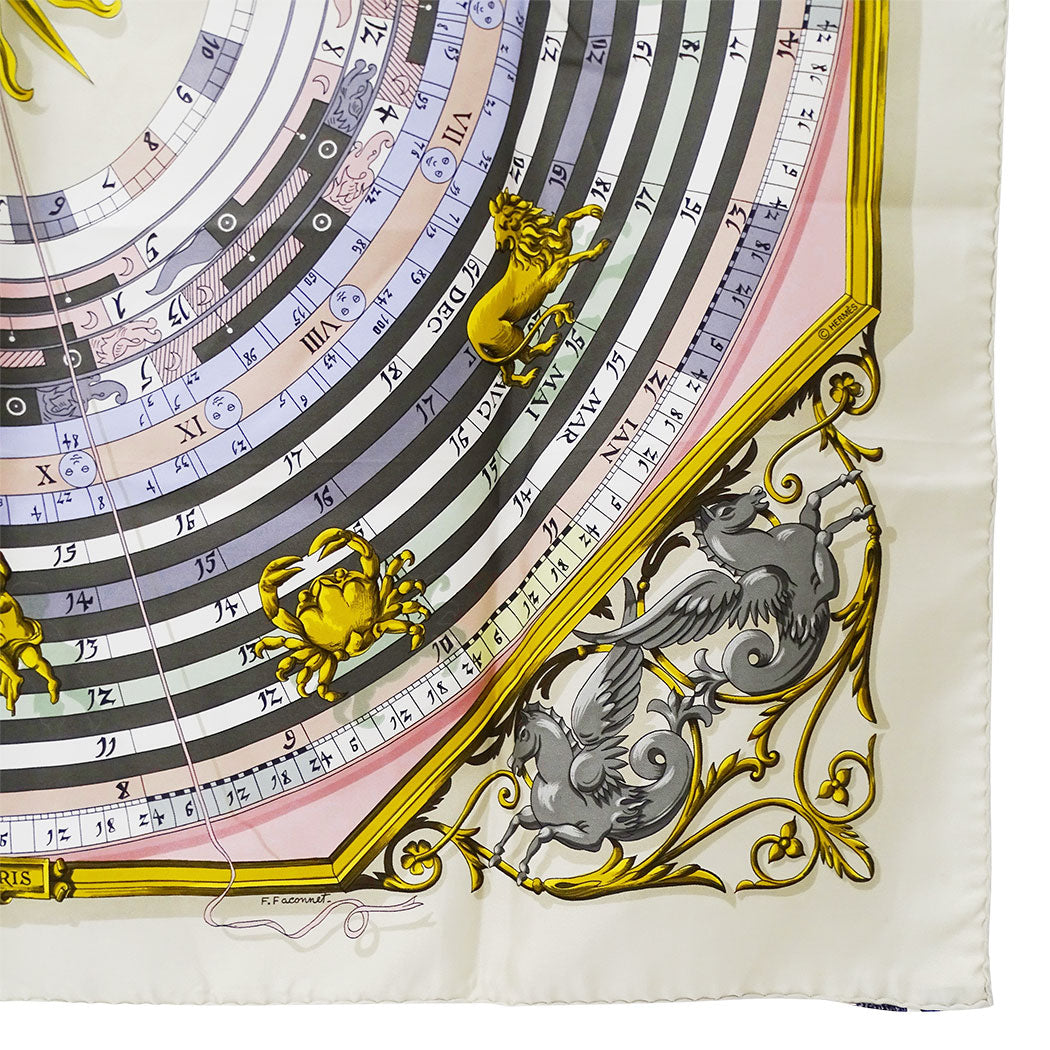 HERMES エルメス カレ90 DIES ET HORE 占星術 スカーフ ライトベージュ パープル シルク レディース 【中古】