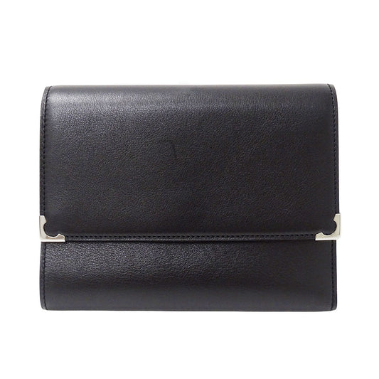 Cartier カルティエ カボション 三つ折り財布 ブラック レザー レディース メンズ 【中古】
