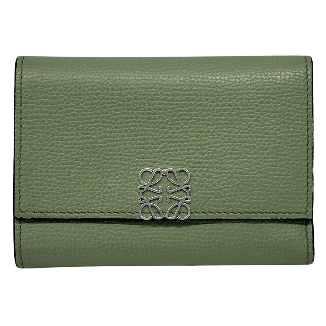 LOEWE ロエベ アナグラム バーティカルウォレット スモール 三つ折り財布 グリーン レザー レディース 【中古】