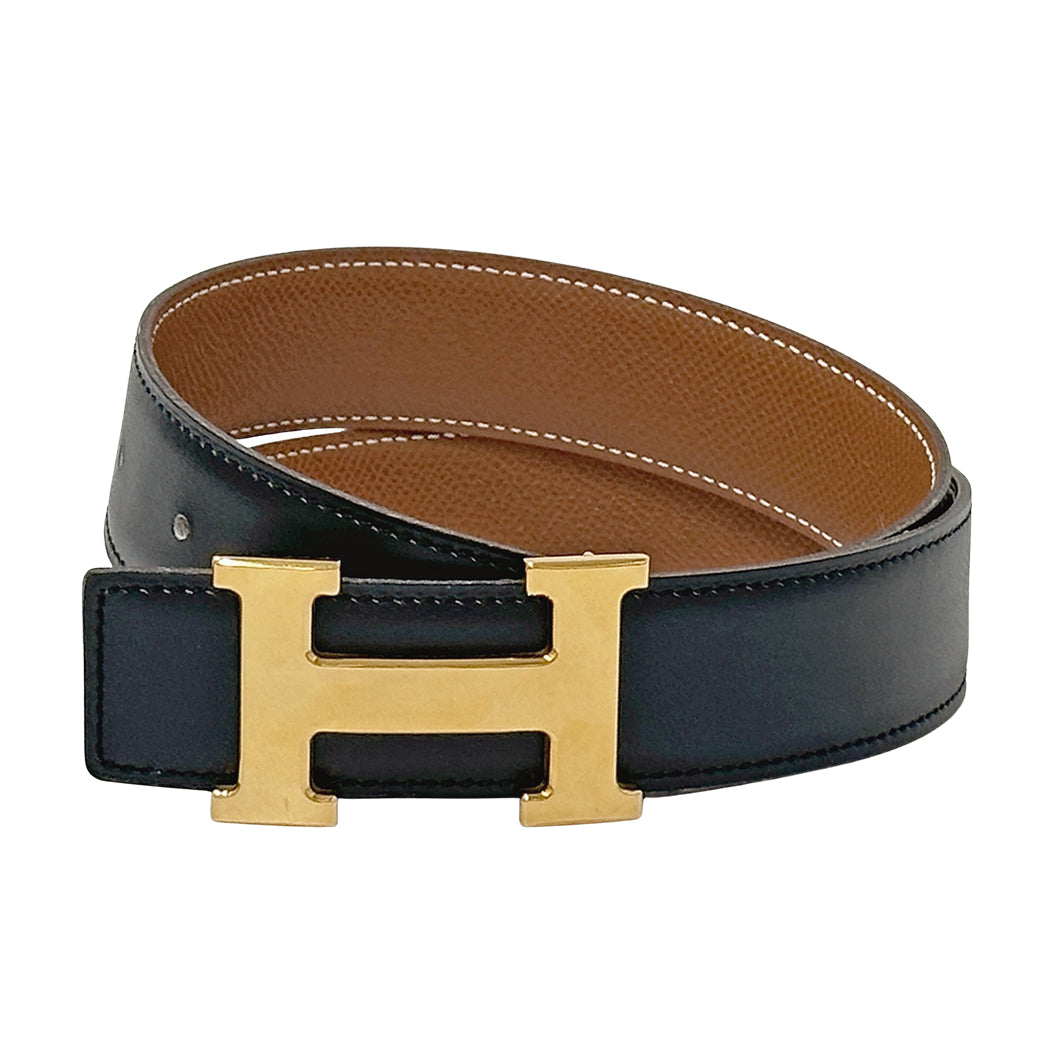 HERMES エルメス Hベルト ベルト ブラック ゴールド金具 ボックスカーフ レディース 【中古】