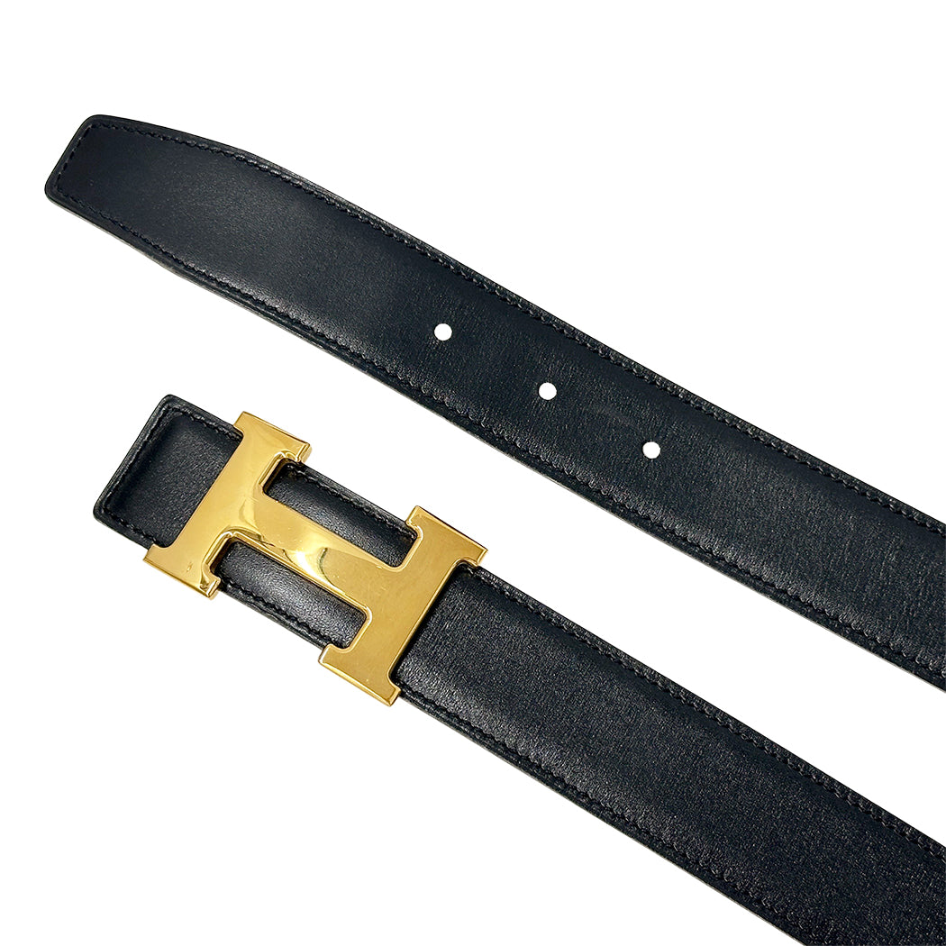 HERMES エルメス Hベルト ベルト ブラック ゴールド金具 ボックスカーフ レディース 【中古】