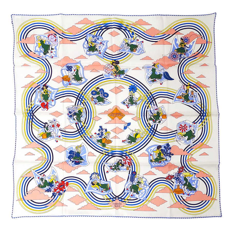 HERMES エルメス CARRES VOLANTS 空飛ぶカレ スカーフ カレ 70 ホワイト シルク レディース 【中古】