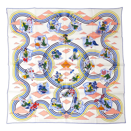 HERMES エルメス CARRES VOLANTS 空飛ぶカレ スカーフ カレ 70 ホワイト シルク レディース 【中古】
