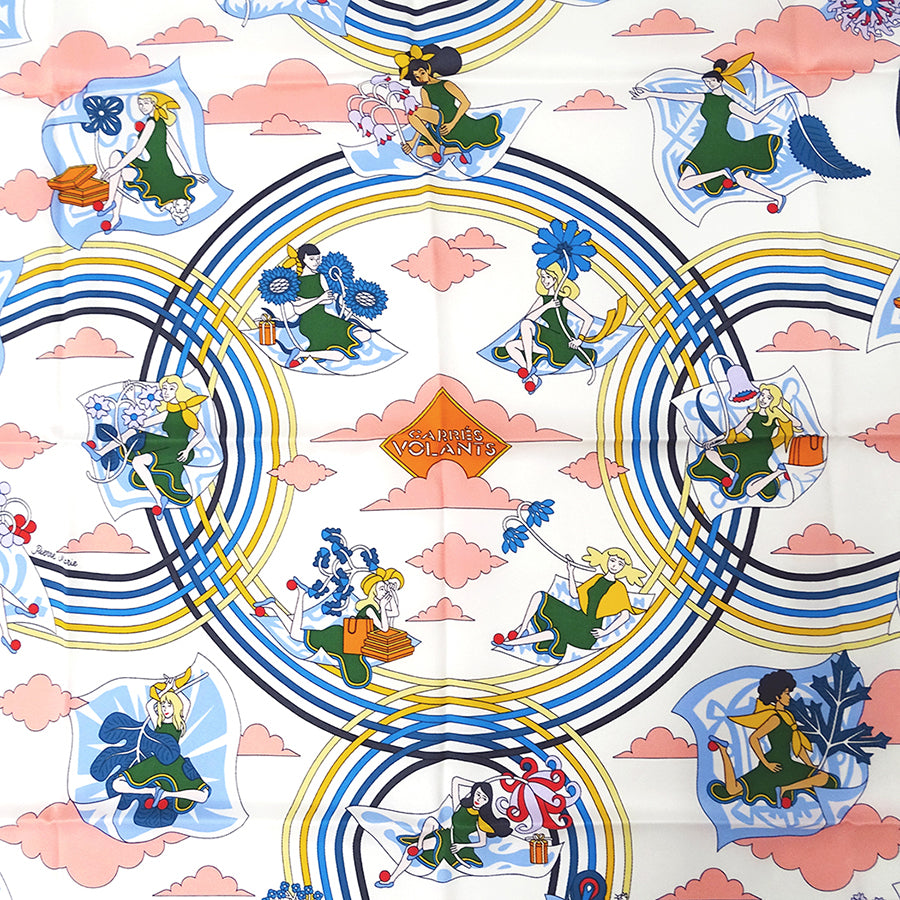 HERMES エルメス CARRES VOLANTS 空飛ぶカレ スカーフ カレ 70 ホワイト シルク レディース 【中古】