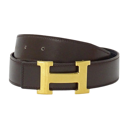 HERMES エルメス Hベルト ベルト ダークブラウン ブラック レザー メンズ 【中古】