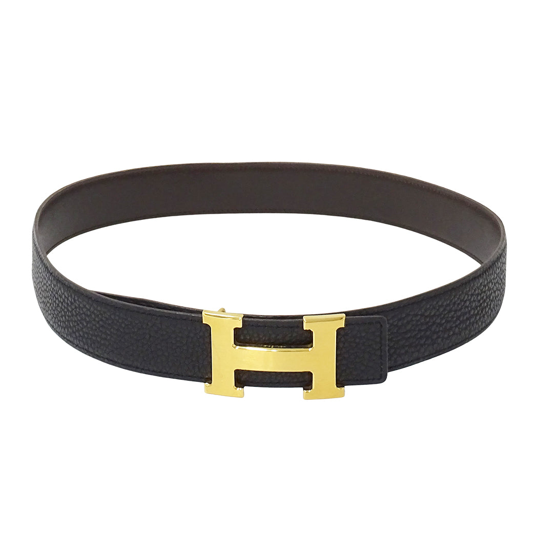 HERMES エルメス Hベルト ベルト ダークブラウン ブラック レザー メンズ 【中古】