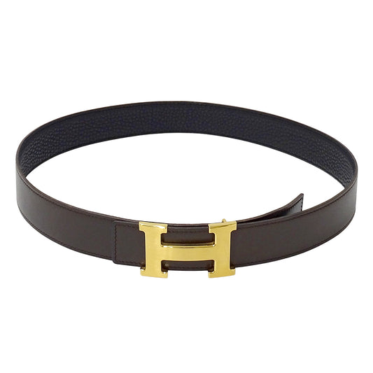 HERMES エルメス Hベルト ベルト ダークブラウン ブラック レザー メンズ 【中古】