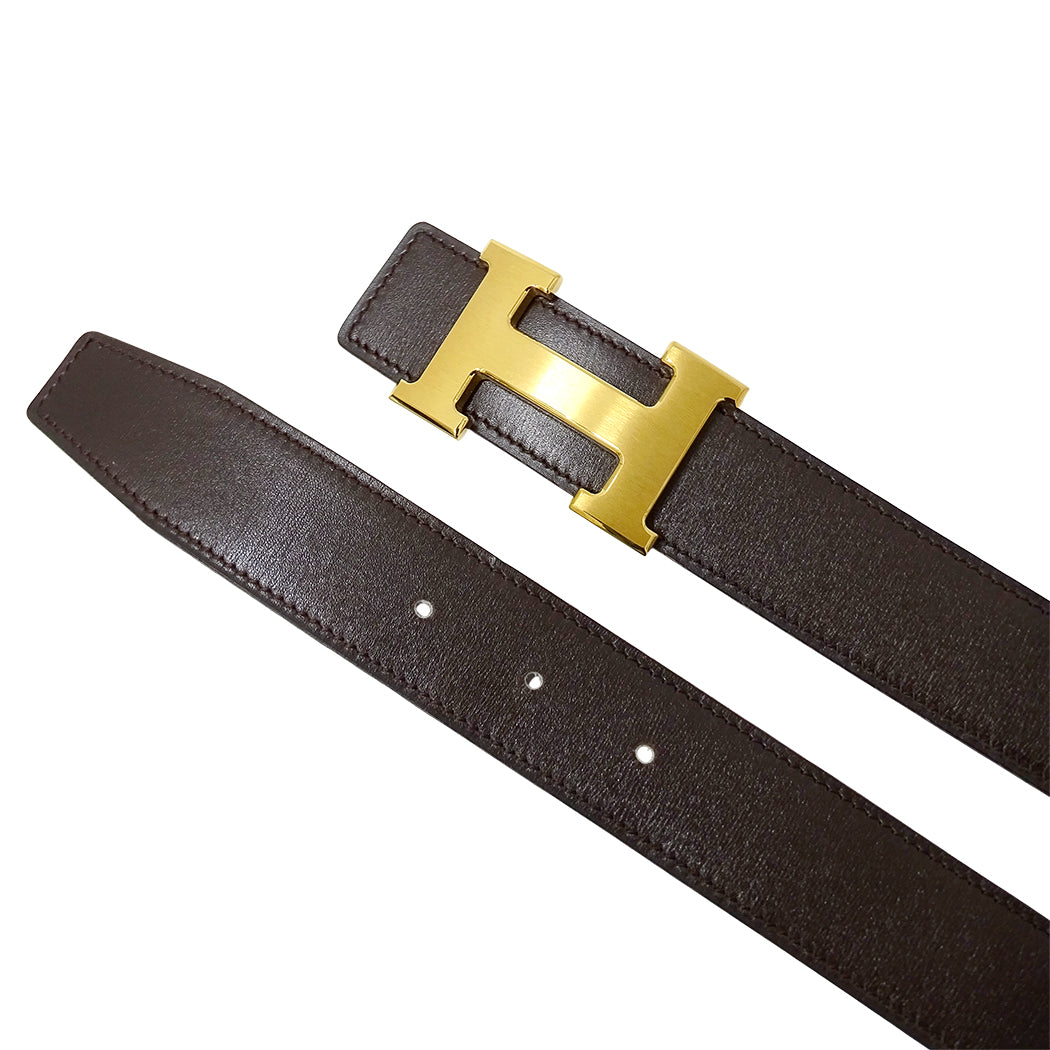 HERMES エルメス Hベルト ベルト ダークブラウン ブラック レザー メンズ 【中古】