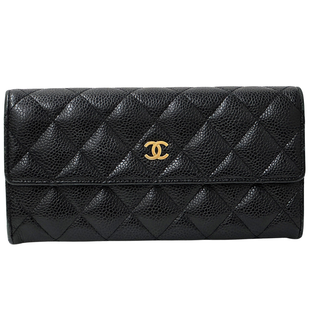 CHANEL シャネル 長財布 マトラッセ ブラック ゴールド金具 キャビアスキン レディース 【中古】