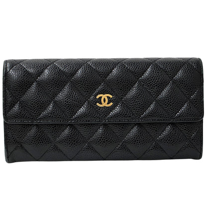 CHANEL シャネル 長財布 マトラッセ ブラック ゴールド金具 キャビアスキン レディース 【中古】