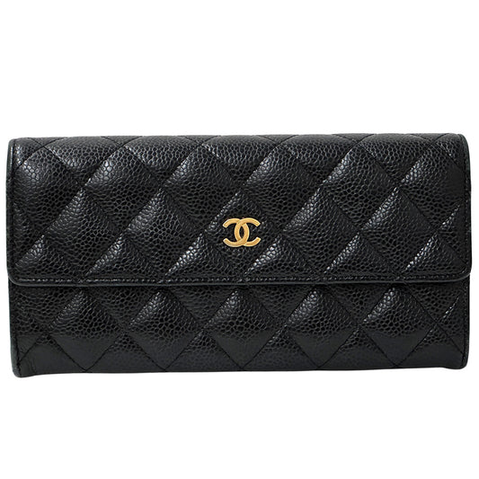 CHANEL シャネル 長財布 マトラッセ ブラック ゴールド金具 キャビアスキン レディース 【中古】