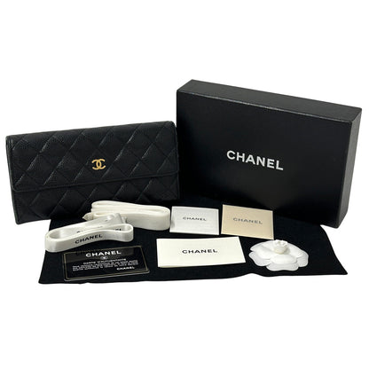 CHANEL シャネル 長財布 マトラッセ ブラック ゴールド金具 キャビアスキン レディース 【中古】