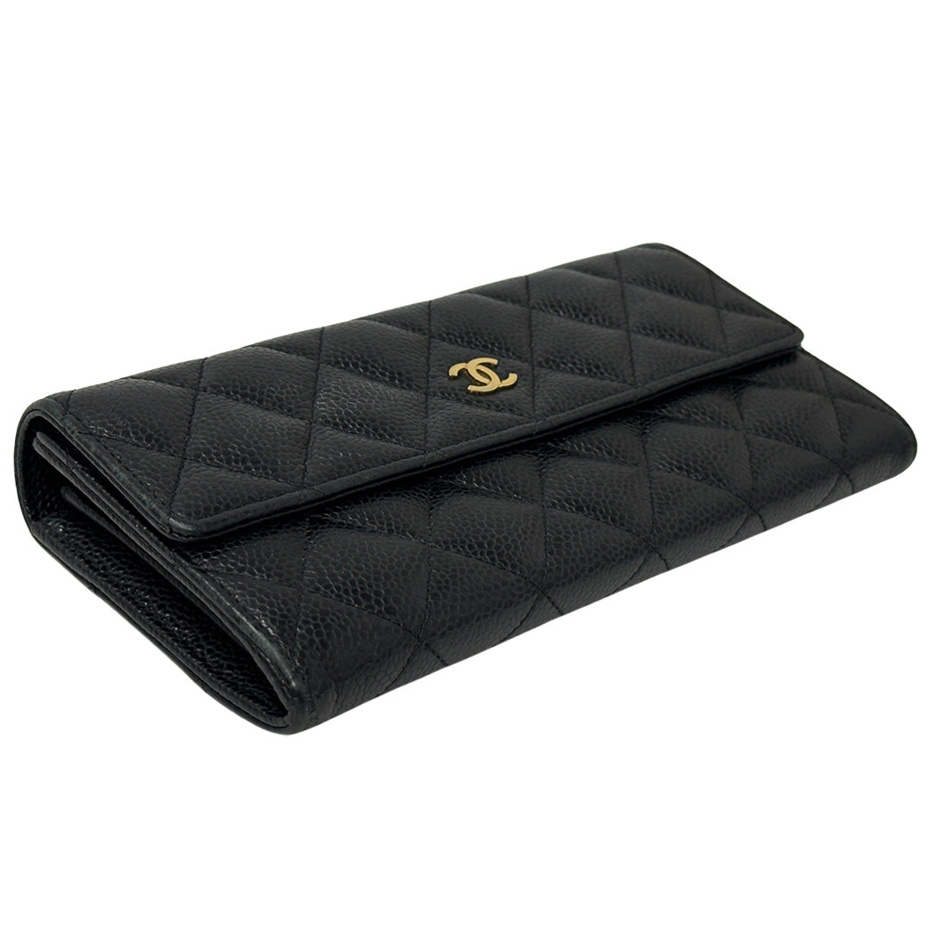 CHANEL シャネル 長財布 マトラッセ ブラック ゴールド金具 キャビアスキン レディース 【中古】