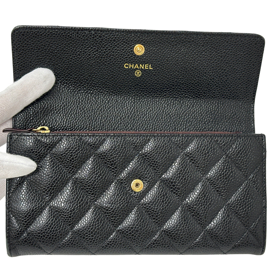 CHANEL シャネル 長財布 マトラッセ ブラック ゴールド金具 キャビアスキン レディース 【中古】