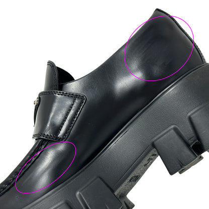 PRADA プラダ モノリス ブラッシュドレザー ローファー ブラック シルバー レディース 35 22cm 【中古】
