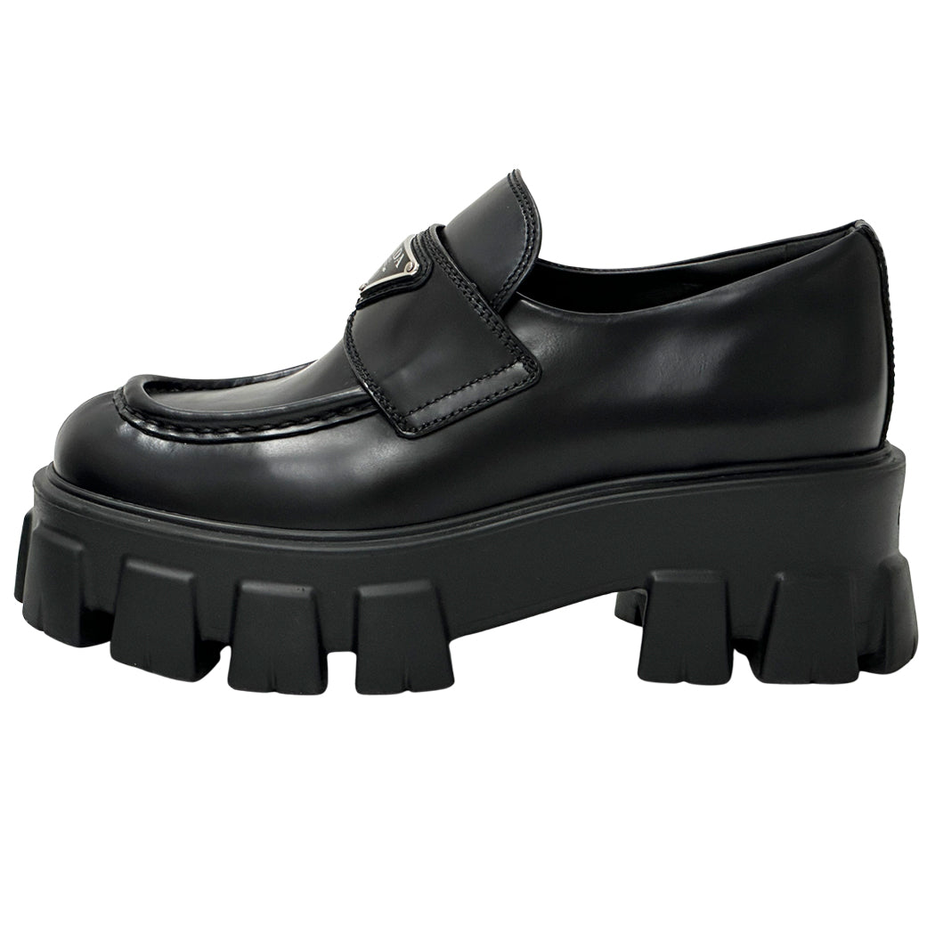 PRADA プラダ モノリス ブラッシュドレザー ローファー ブラック シルバー レディース 35 22cm 【中古】