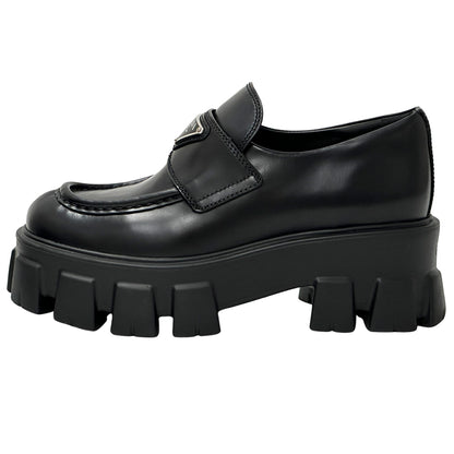 PRADA プラダ モノリス ブラッシュドレザー ローファー ブラック シルバー レディース 35 22cm 【中古】