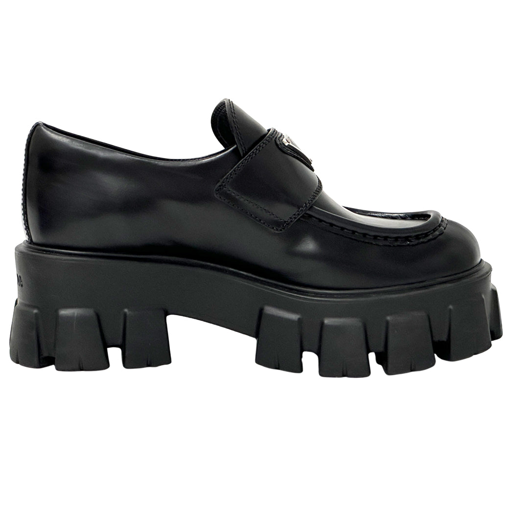 PRADA プラダ モノリス ブラッシュドレザー ローファー ブラック シルバー レディース 35 22cm 【中古】