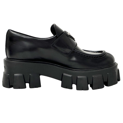 PRADA プラダ モノリス ブラッシュドレザー ローファー ブラック シルバー レディース 35 22cm 【中古】