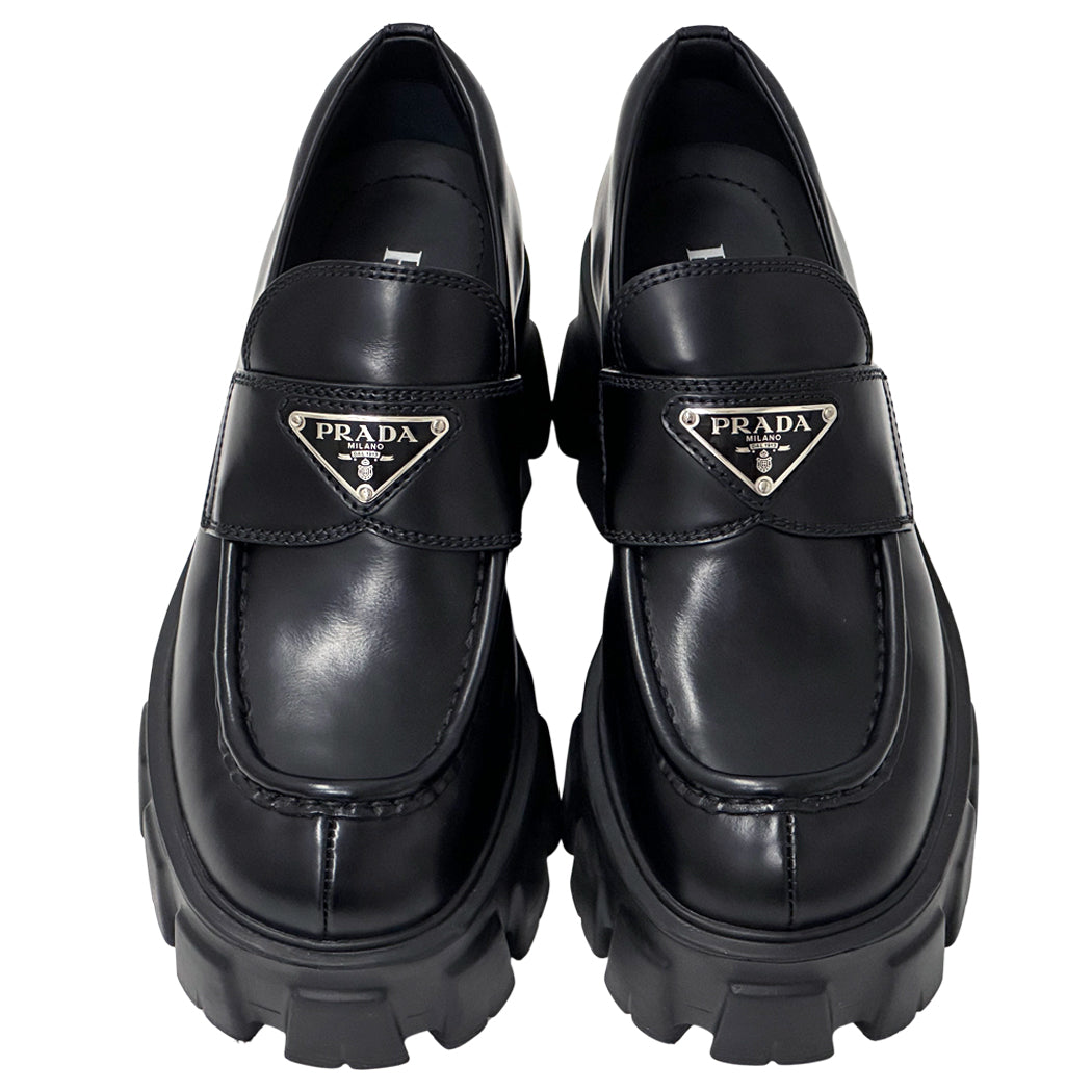 PRADA プラダ モノリス ブラッシュドレザー ローファー ブラック シルバー レディース 35 22cm 【中古】