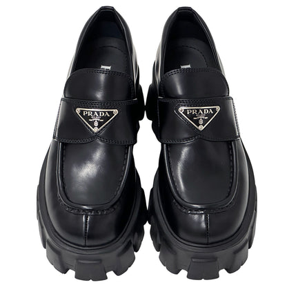 PRADA プラダ モノリス ブラッシュドレザー ローファー ブラック シルバー レディース 35 22cm 【中古】