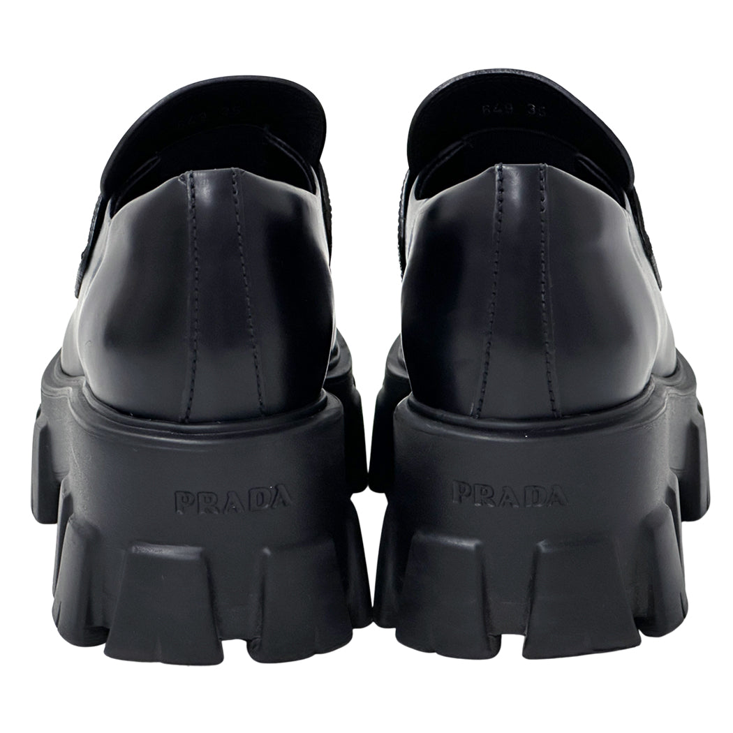 PRADA プラダ モノリス ブラッシュドレザー ローファー ブラック シルバー レディース 35 22cm 【中古】