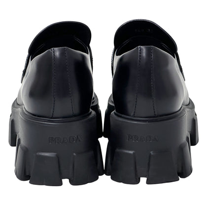 PRADA プラダ モノリス ブラッシュドレザー ローファー ブラック シルバー レディース 35 22cm 【中古】