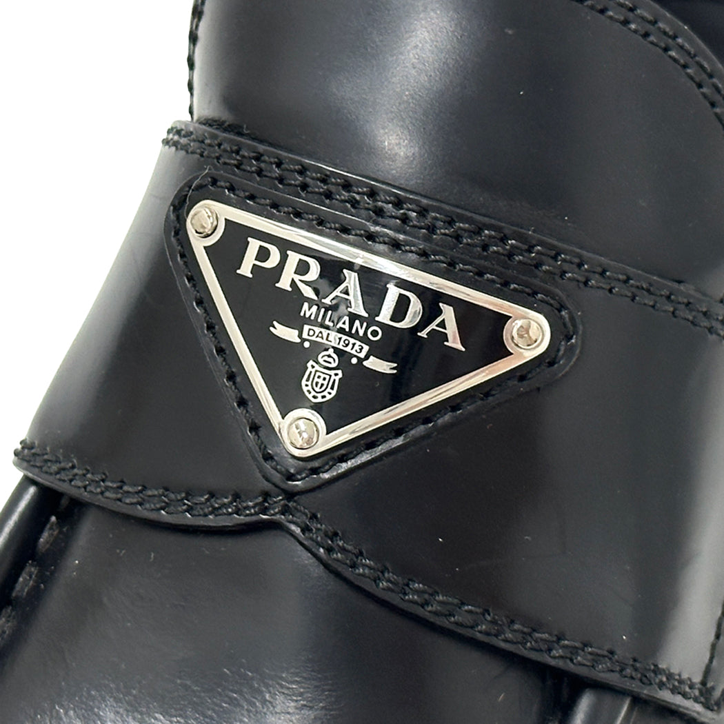 PRADA プラダ モノリス ブラッシュドレザー ローファー ブラック シルバー レディース 35 22cm 【中古】