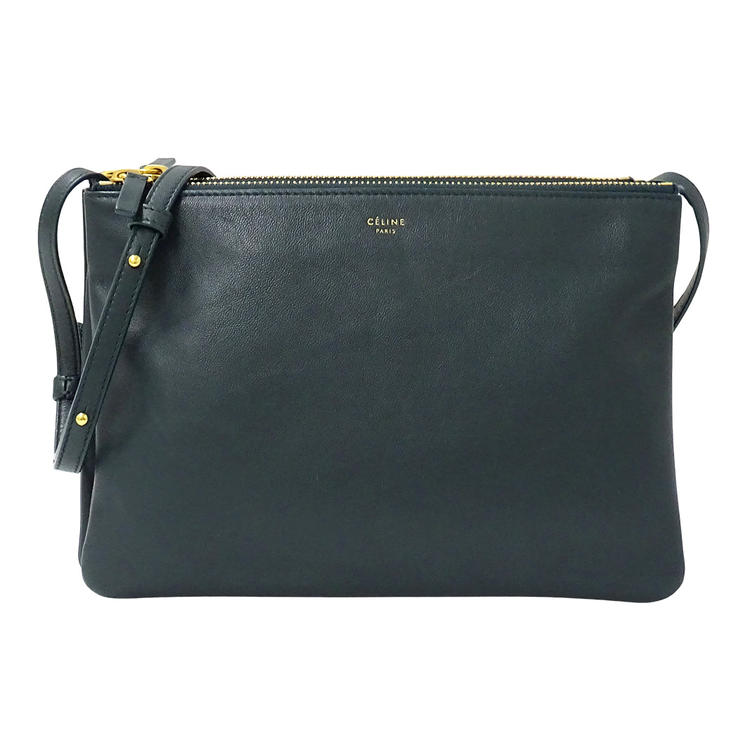 CELINE セリーヌ トリオ ラージ ショルダーバッグ グリーン レザー レディース メンズ 【中古】