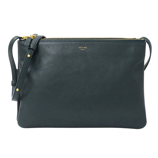 CELINE セリーヌ トリオ ラージ ショルダーバッグ グリーン レザー レディース メンズ 【中古】