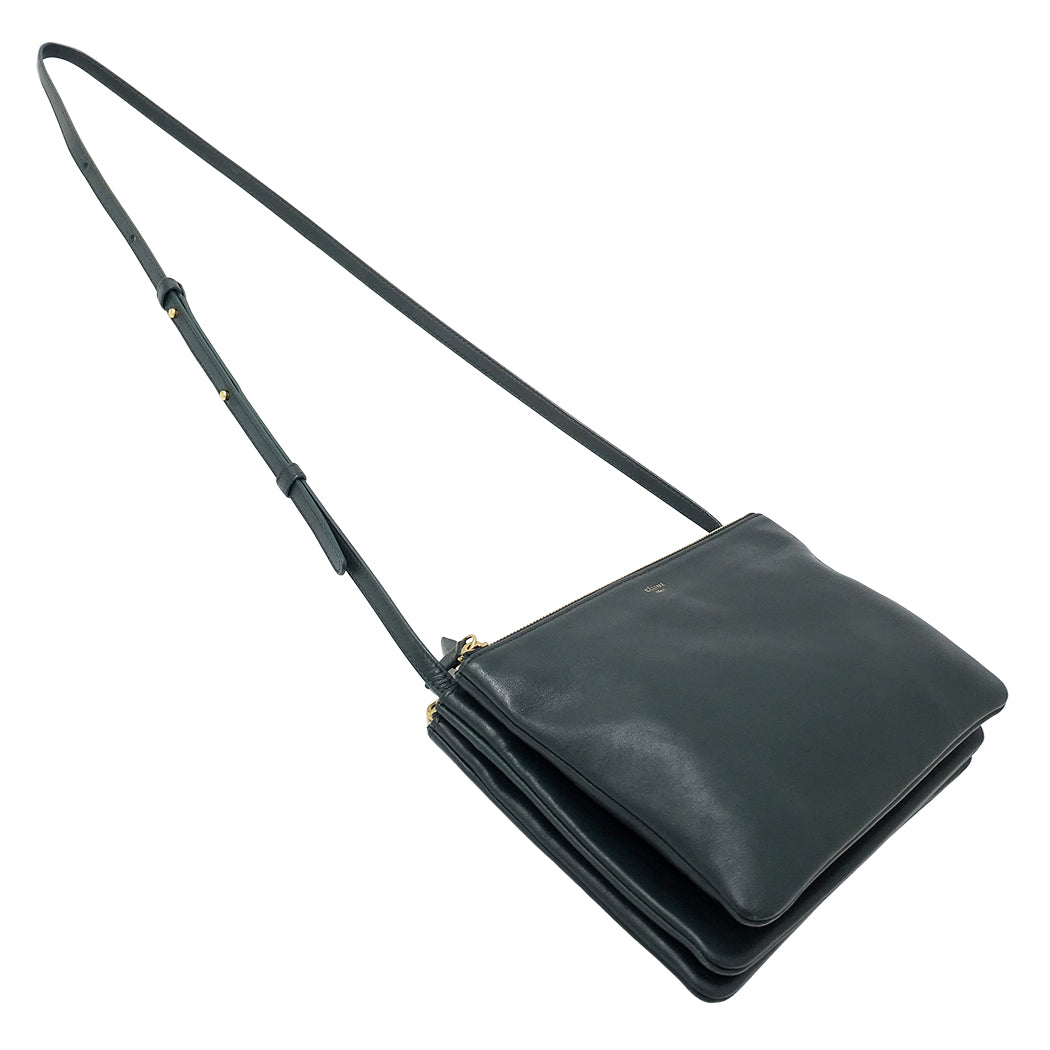 CELINE セリーヌ トリオ ラージ ショルダーバッグ グリーン レザー レディース メンズ 【中古】